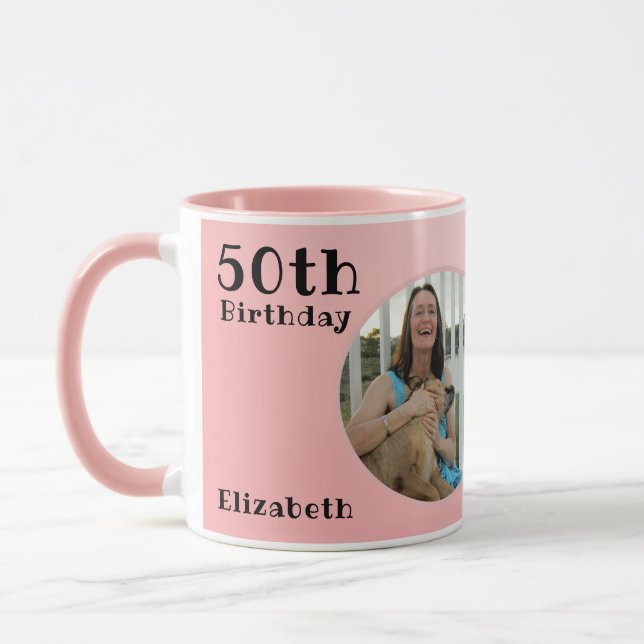 50th Birthday 50 Year Old Text Photo Template Pink Mug (Left)