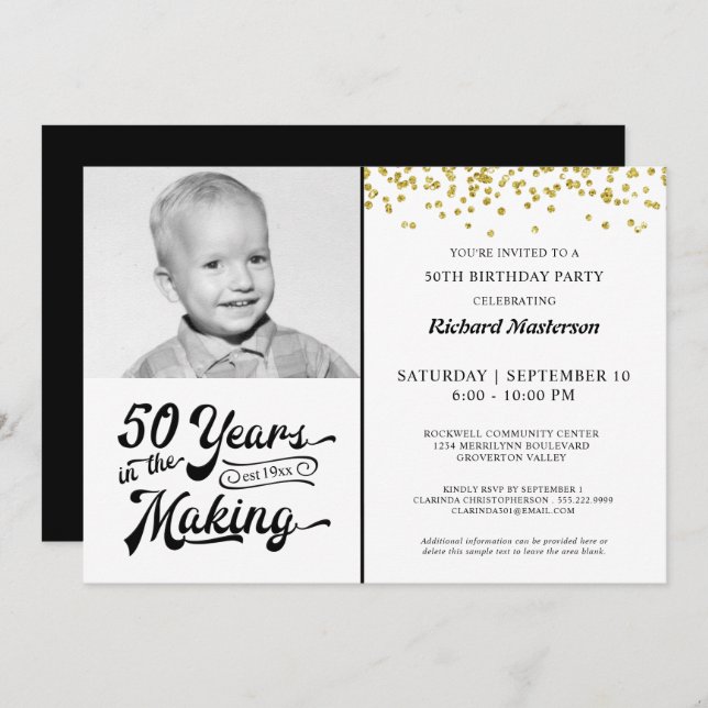 50th Birthday 50 YEARS IN THE MAKING Gold Confetti Invitation (Front/Back)
