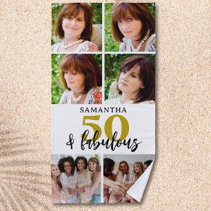 50th Birthday 6 Photo Collage Gold 50 & Fabulous   Beach Towel