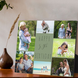 50th Birthday 7 Photo Collage Sage Green Plaque
