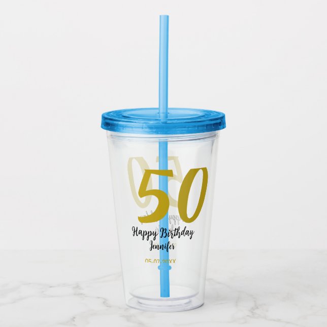 50th birthday add name date year black template go acrylic tumbler (Front)