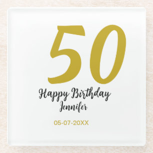 50th birthday add name date year black template go glass coaster