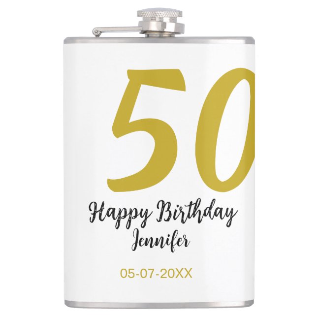 50th birthday add name date year black template go hip flask (Front)