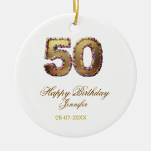 50th birthday add name date year gold floral bold  ceramic ornament