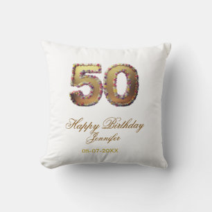 50th birthday add name date year gold floral bold cushion