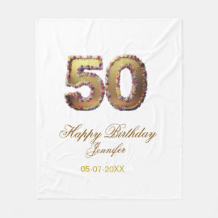 50th birthday add name date year gold floral bold fleece blanket
