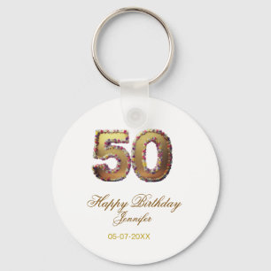 50th birthday add name date year gold floral bold key ring