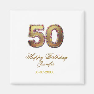 50th birthday add name date year gold floral bold magnet