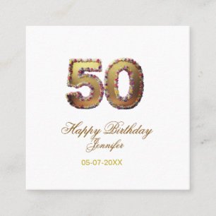 50th birthday add name date year gold floral bold square business card