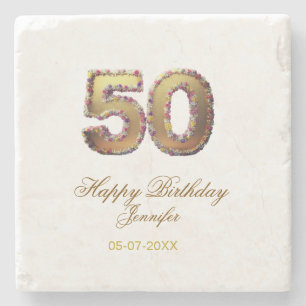 50th birthday add name date year gold floral bold stone coaster