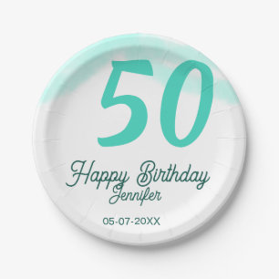 50th birthday add name date year green pastel bold paper plate