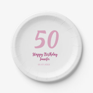50th birthday add name date year pink red bold paper plate