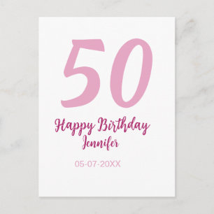 50th birthday add name date year pink red bold postcard