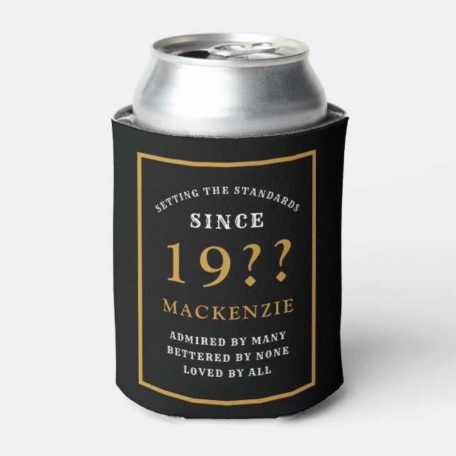 50th Birthday Add Name Year Elegant Black Gold Can Cooler (Can Front)