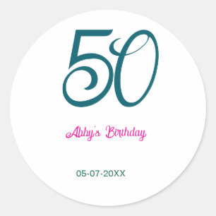 50th birthday add name year turquoise pink bold classic round sticker