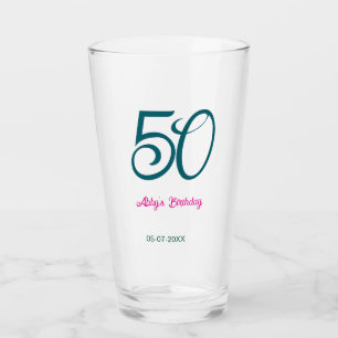 50th birthday add name year turquoise pink bold glass