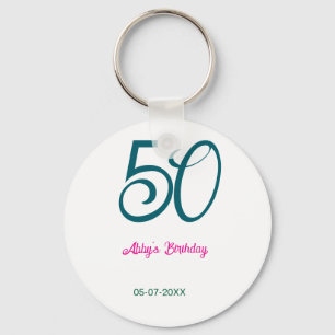 50th birthday add name year turquoise pink bold key ring