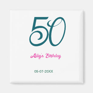 50th birthday add name year turquoise pink bold magnet