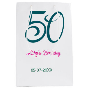 50th birthday add name year turquoise pink bold medium gift bag