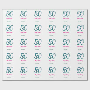50th birthday add name year turquoise pink bold wrapping paper