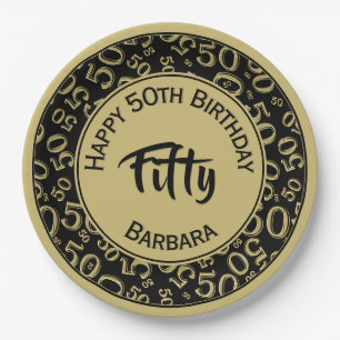 50th Birthday Age Number Pattern Black/Gold 50 Paper Plate