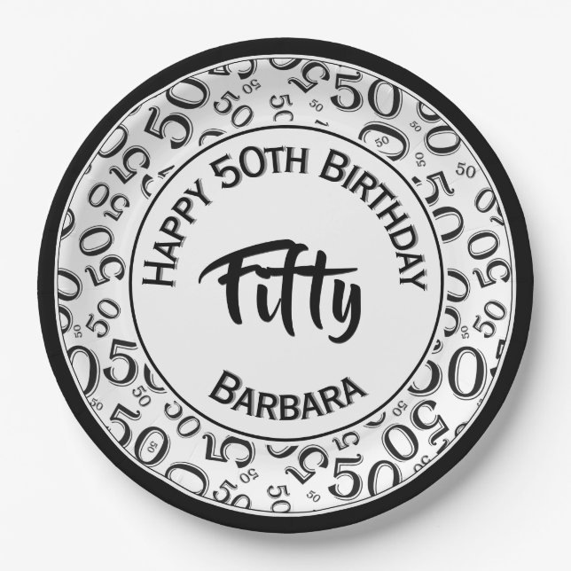 50th Birthday Age Number Pattern Black/White 50 Paper Plate (Front)
