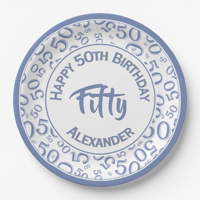 50th Birthday Age Number Pattern Blue/White 50 Paper Plate (Front)