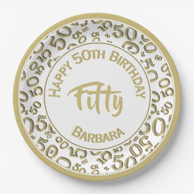 50th Birthday Age Number Pattern Gold/White 50 Paper Plate (Front)