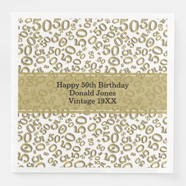 50th Birthday Age Number Pattern Gold/White Napkin (Front)