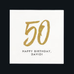 50th birthday anniversary golden personalised napkin<br><div class="desc">Celebrate 50 years with this black and faux gold glitter napkin featuring a large stylised 50 and your custom text. Coordinates with the birthday and anniversary collection by Lea Delaveris Design. Works perfectly for a birthday or anniversary party!</div>