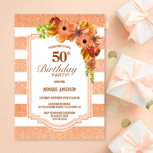 50th Birthday Apricot Striped Floral Party Invitation