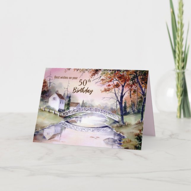 50th Birthday Arched Bridge Watercolor Painting Card (Front)