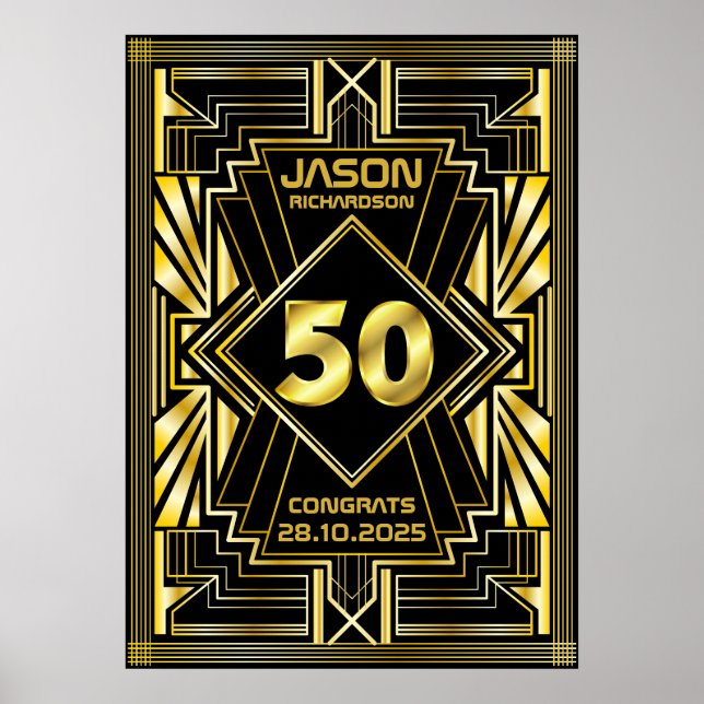50th Birthday Art Deco Gold Black Great Gatsby Poster (Front)