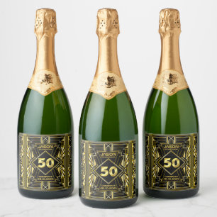 50th Birthday Art Deco Gold Black Great Gatsby Sparkling Wine Label