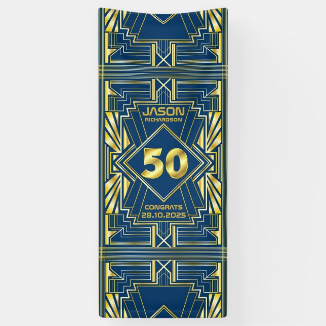 50th Birthday Art Deco Gold Blue Great Gatsby Banner (Vertical)
