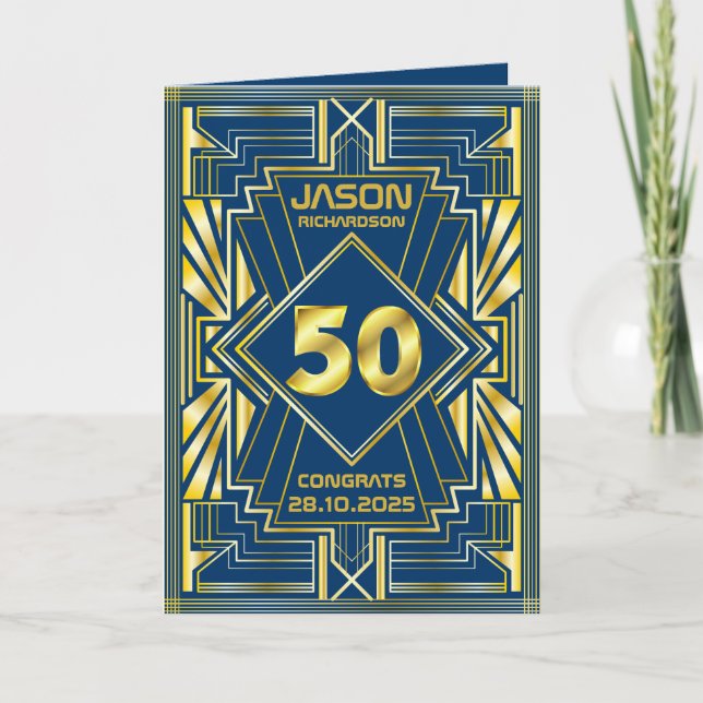 50th Birthday Art Deco Gold Blue Great Gatsby Card (Front)