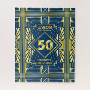 50th Birthday Art Deco Gold Blue Great Gatsby Jigsaw Puzzle