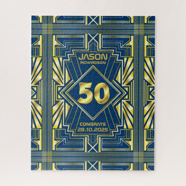 50th Birthday Art Deco Gold Blue Great Gatsby Jigsaw Puzzle (Vertical)