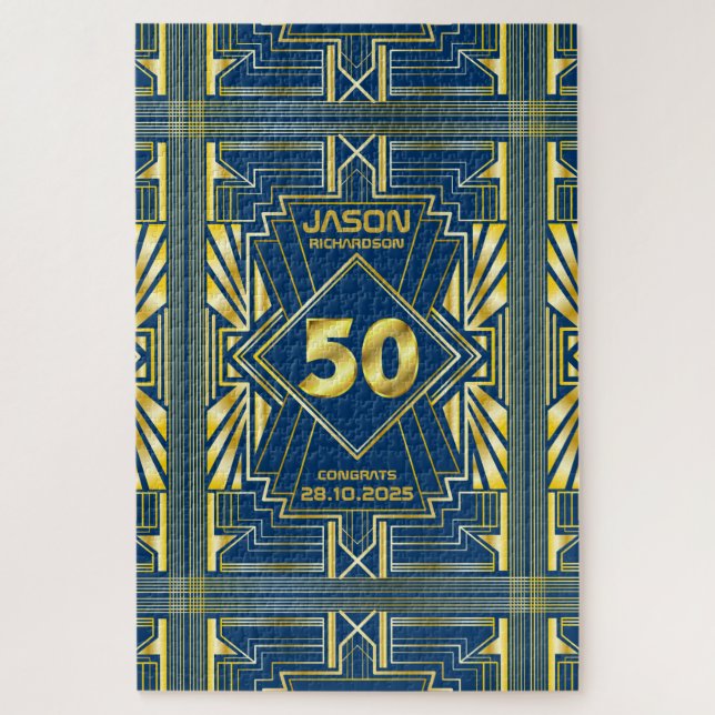 50th Birthday Art Deco Gold Blue Great Gatsby Jigsaw Puzzle (Vertical)