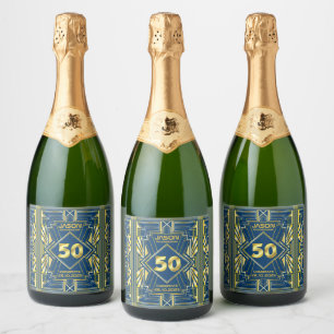 50th Birthday Art Deco Gold Blue Great Gatsby Sparkling Wine Label