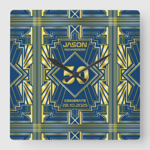 50th Birthday Art Deco Gold Blue Great Gatsby Square Wall Clock
