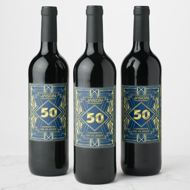 50th Birthday Art Deco Gold Blue Great Gatsby Wine Label (Bottles)