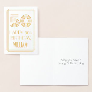 50th Birthday - Art Deco Inspired Look "50" & Name Foil Card