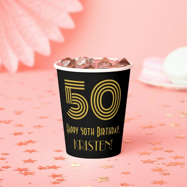 50th Birthday: Art Deco Inspired Look “50” & Name Paper Cups (Insitu)