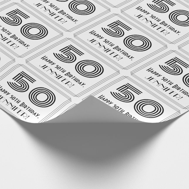 50th Birthday: Art Deco Inspired Style "50" + Name Wrapping Paper (Corner)