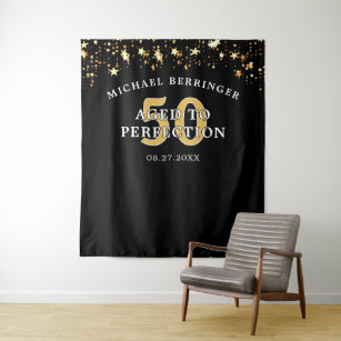 50th Birthday Backdrop AGED TO PERFECTION Black Tapestry