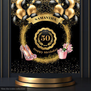 50th Birthday Backdrop Black Balloons Gold Glitter Tapestry