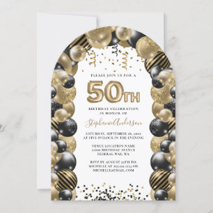 50th Birthday Balloon Gold Black Sparkle Invitation