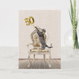 50th Birthday Balloons and Tabby Cat Card