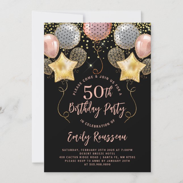 50th Birthday Balloons Glitter Black Invitation (Front)